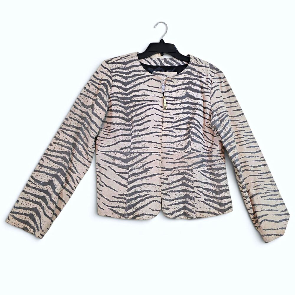 Live A Little Vintage Zebra Print 100% Leather Collarless Zip Jacket Large